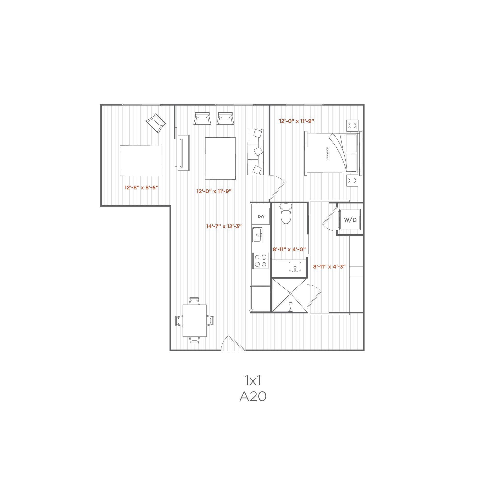 Floor plan of a 1-bedroom apartment. Includes living room, dining area, bedroom, bathroom, and kitchen.