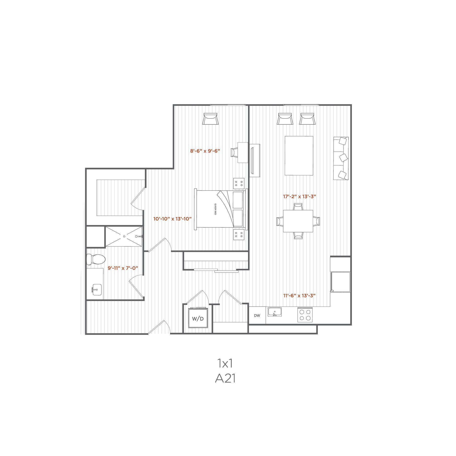 Floor plan of a 1-bedroom apartment, with kitchen, living room, dining area, bathroom, and closet.