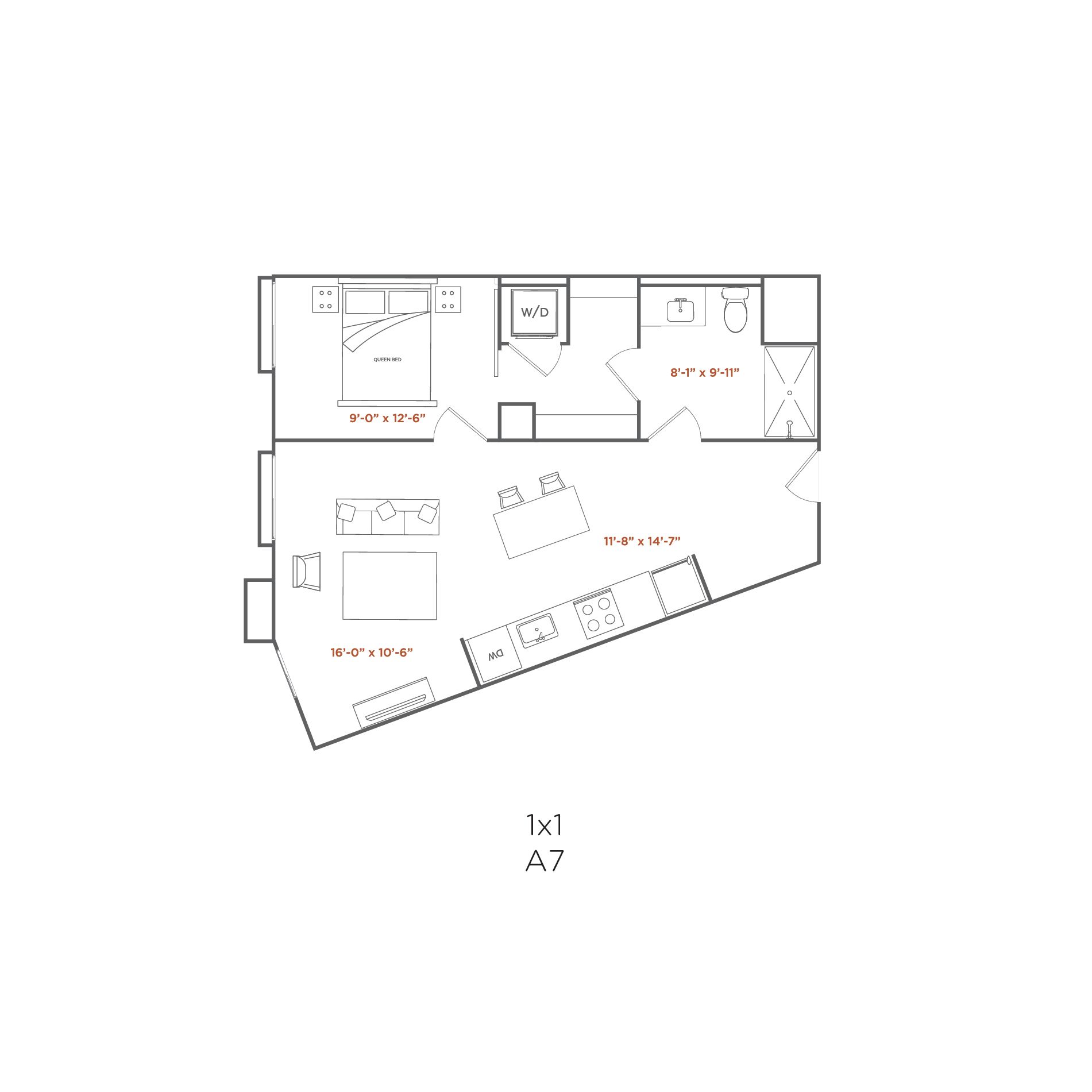 Floor plan of a studio apartment with bed, bathroom, kitchen, and living area.