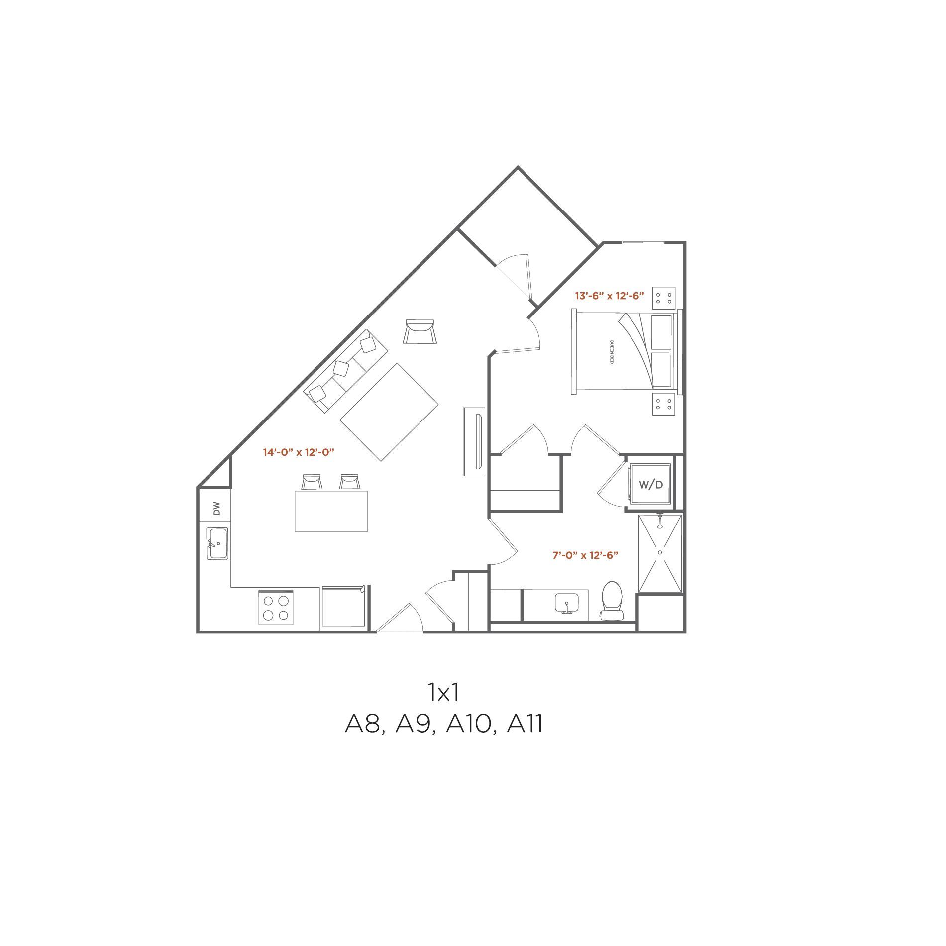 Floor plan of a one-bedroom apartment. Includes living area, bedroom, kitchen, and bathroom layout.