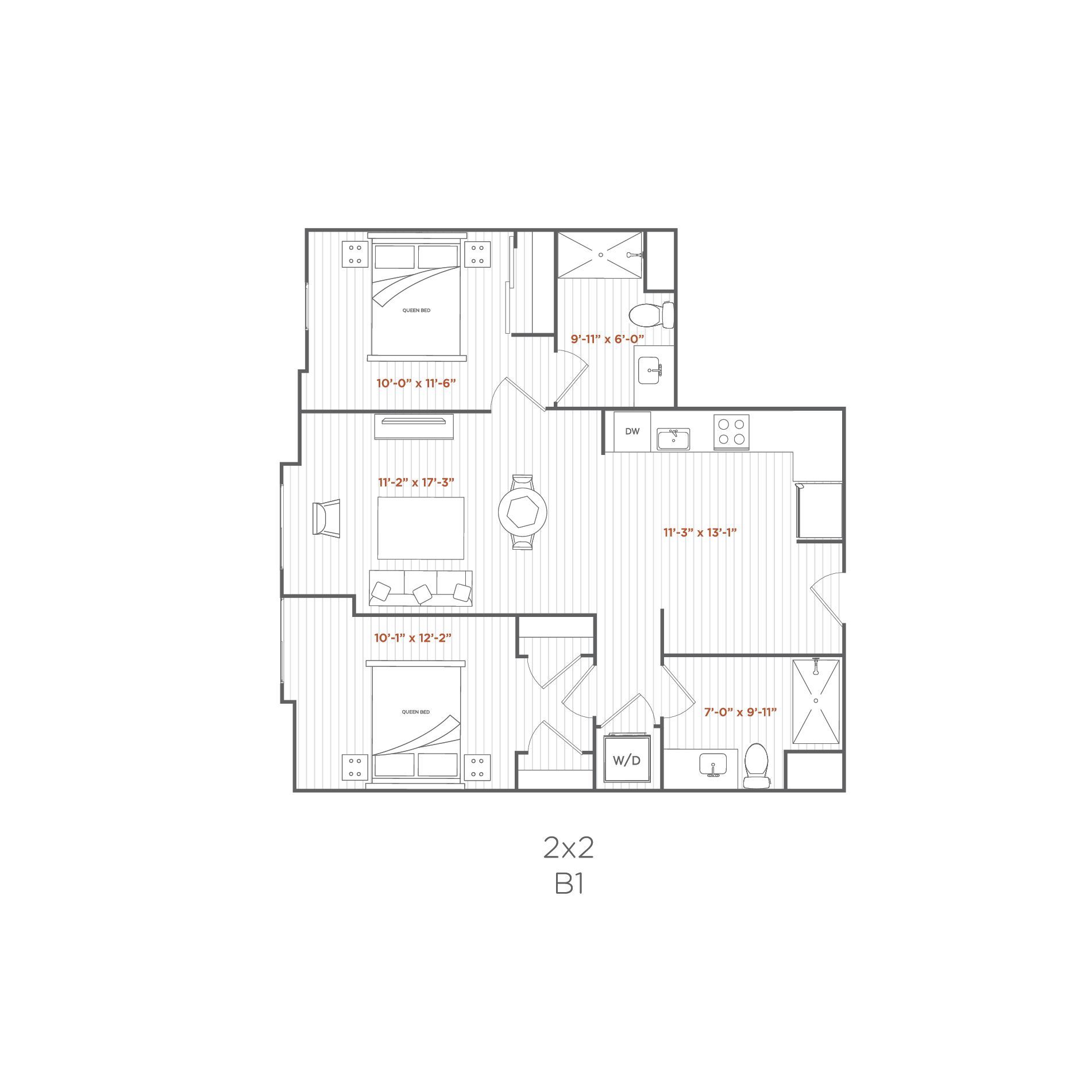 Floor plan of a 2-bedroom, 2-bathroom apartment. Shows bedrooms, bathrooms, kitchen, and living area layout.