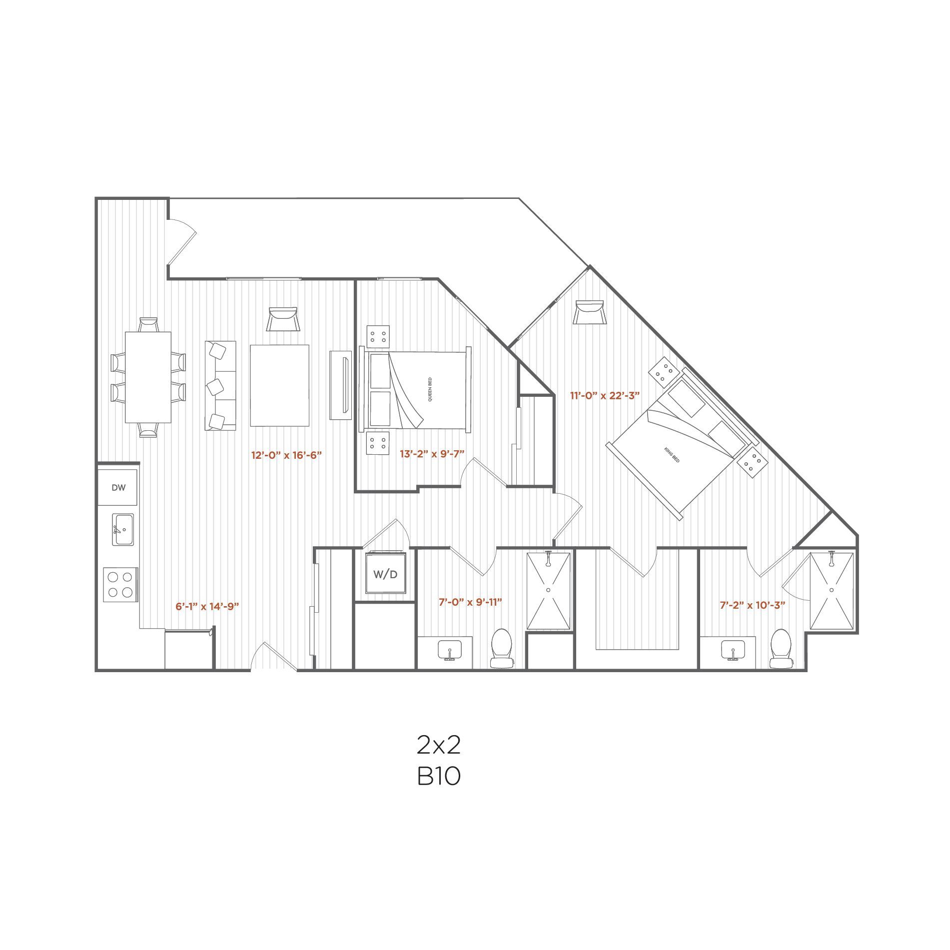Floor plan of a 2-bedroom, 2-bath apartment. Contains kitchen, dining, living, and bedroom areas with dimensions.