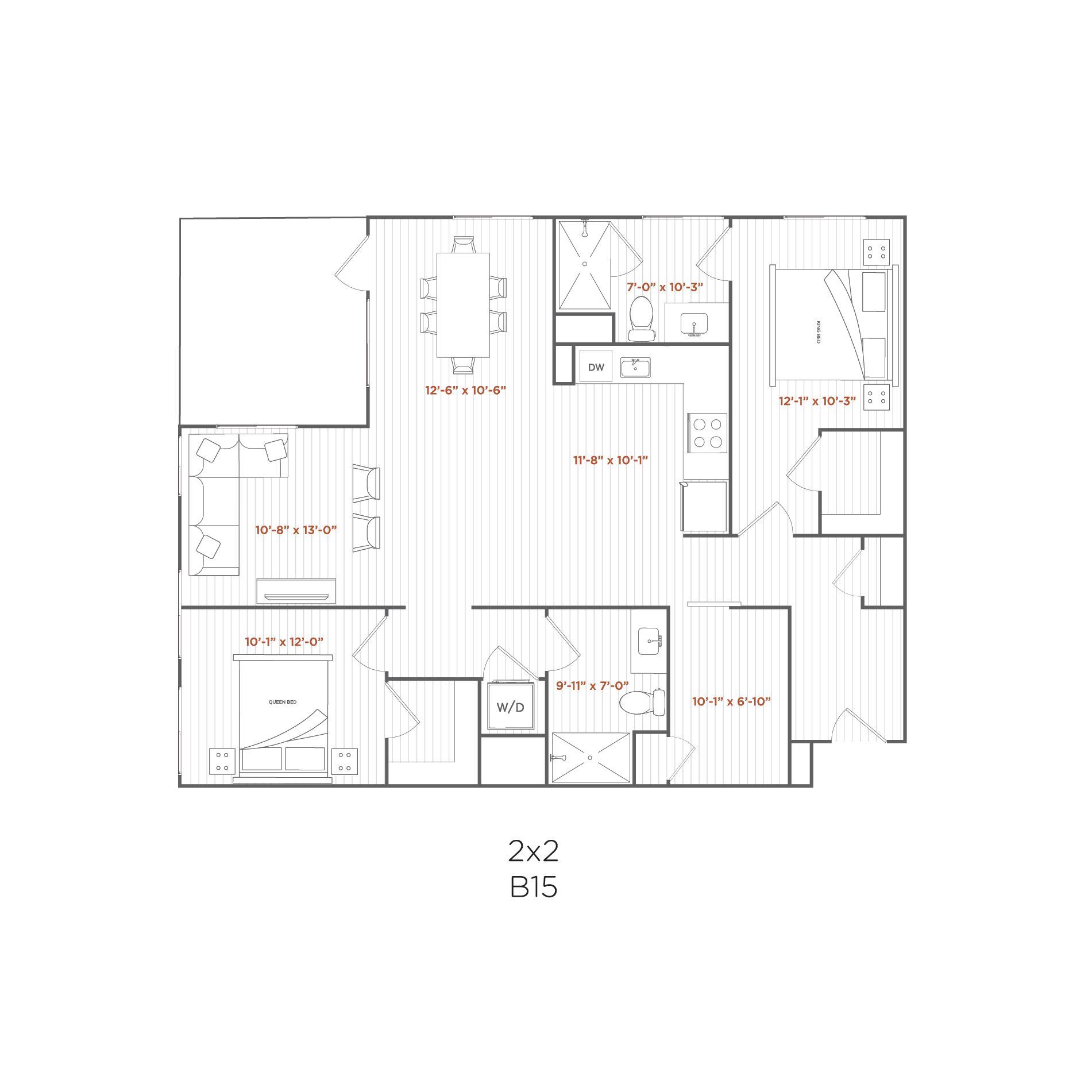 Floor plan of a 2-bedroom, 2-bathroom apartment, featuring rooms and furniture.