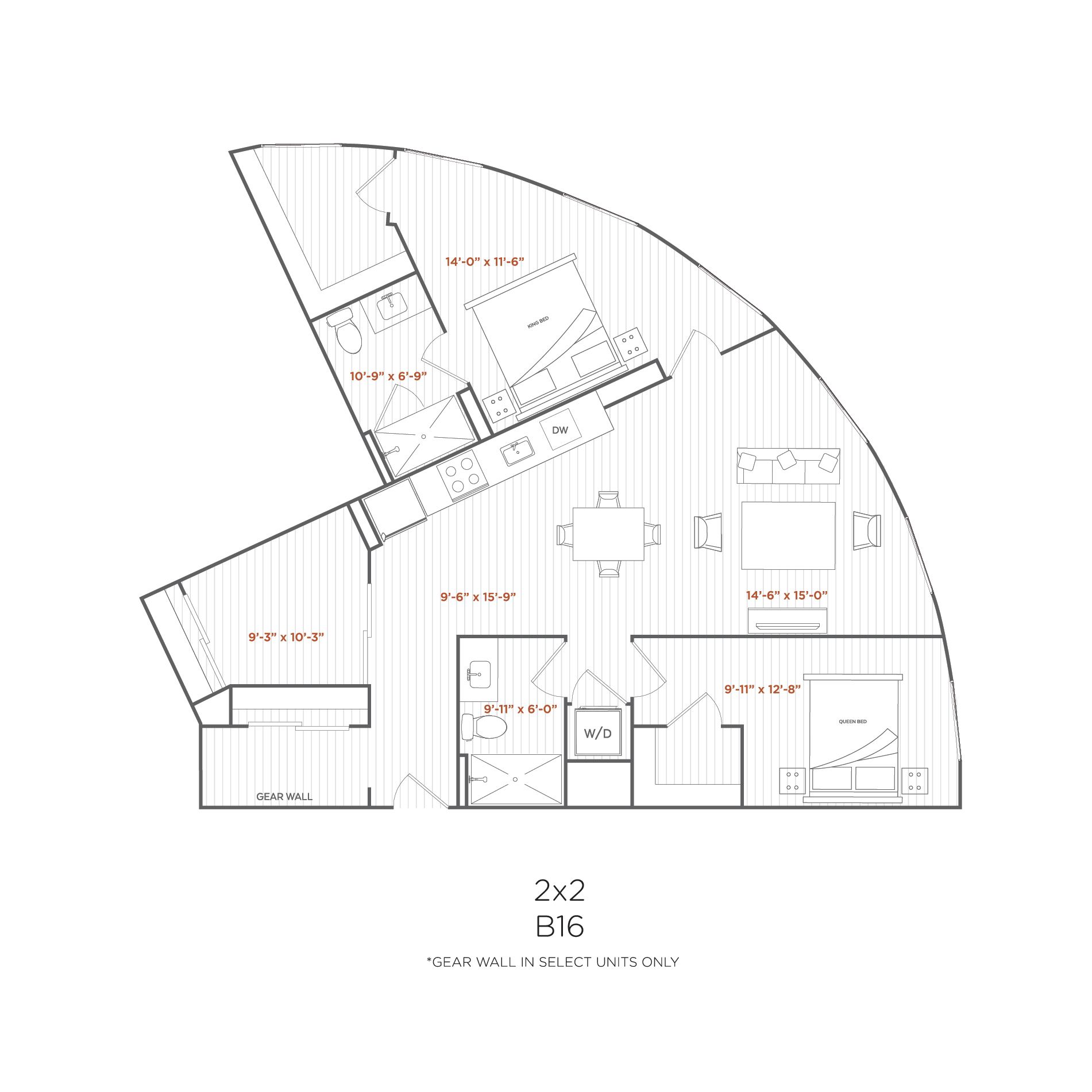 Floor plan of a 2x2 apartment with bedrooms, kitchen, and living area. Curved walls create unique layout.