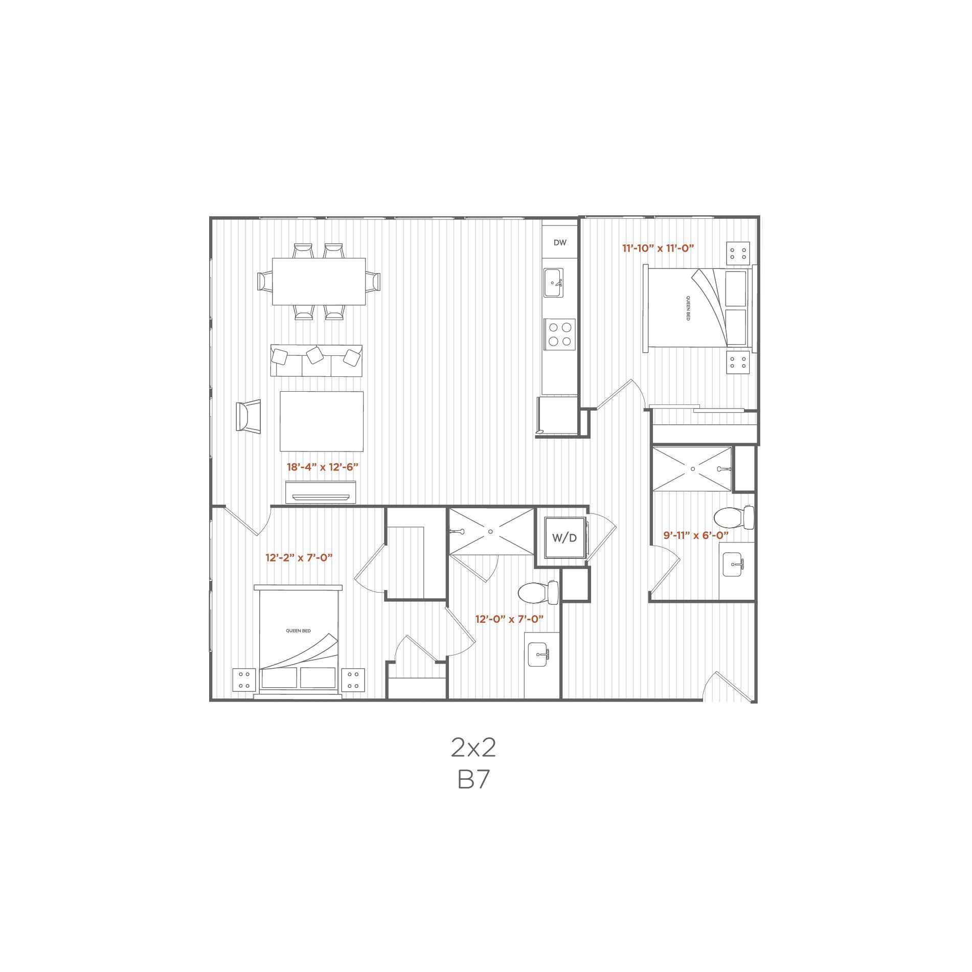 Floor plan of a 2-bedroom, 2-bathroom apartment with a kitchen, dining area, and living room.