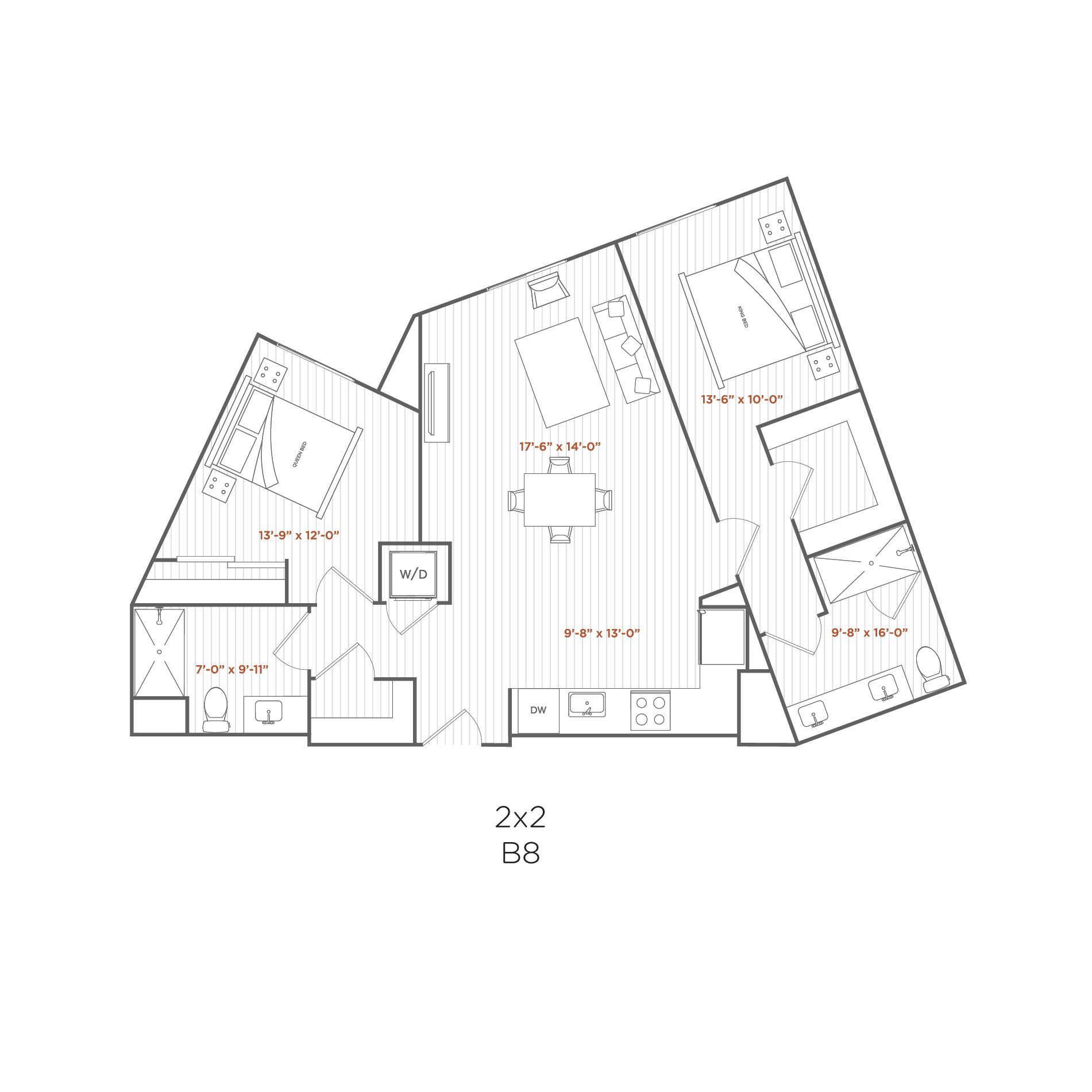 Floor plan of an abstract apartment with two bedrooms, kitchen, dining area, and bathroom.