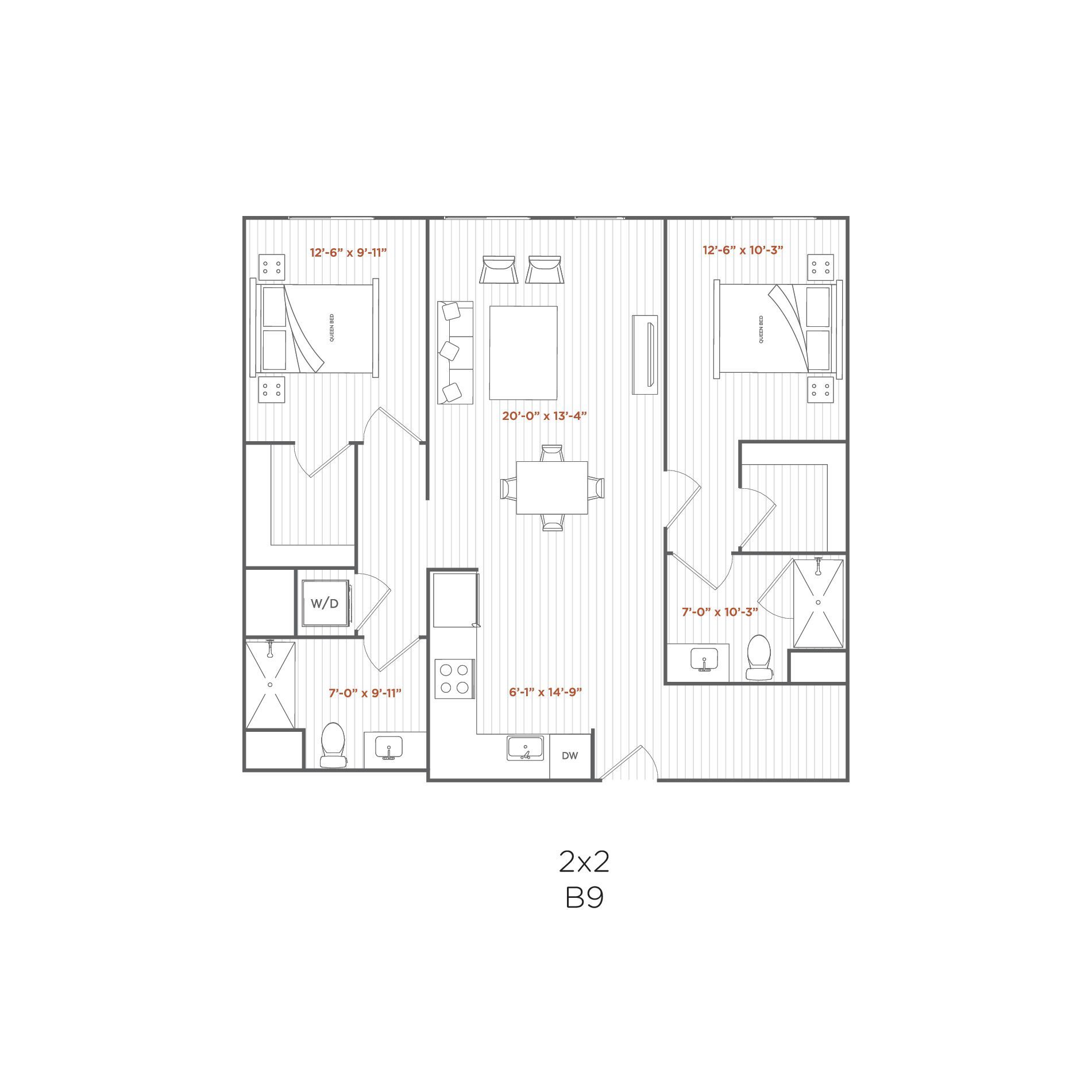 Floor plan of a 2-bedroom apartment. Rectangular layout with rooms labeled, doors and windows indicated.