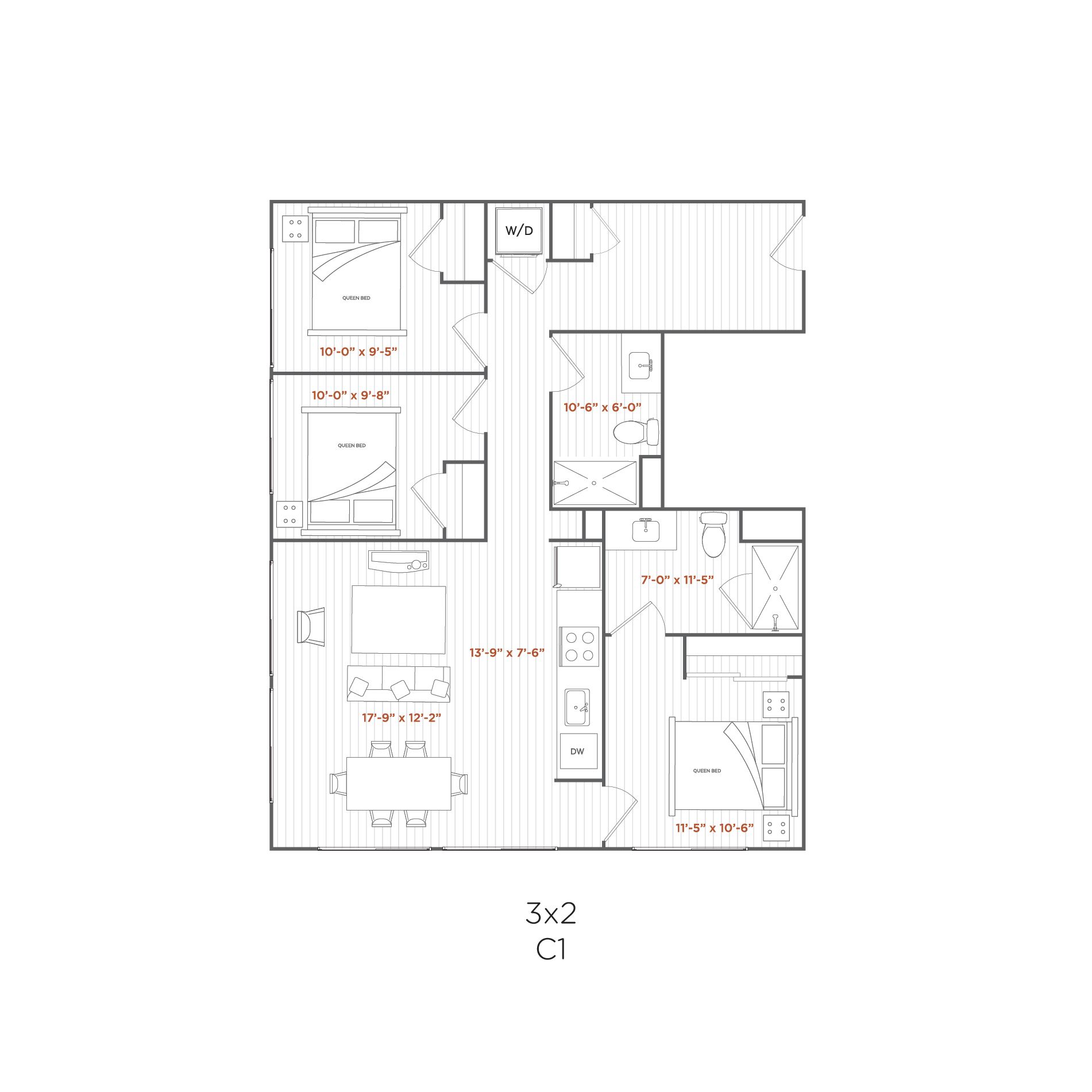 Floor plan of a 3-bedroom, 2-bath apartment with living room, kitchen, and balcony.