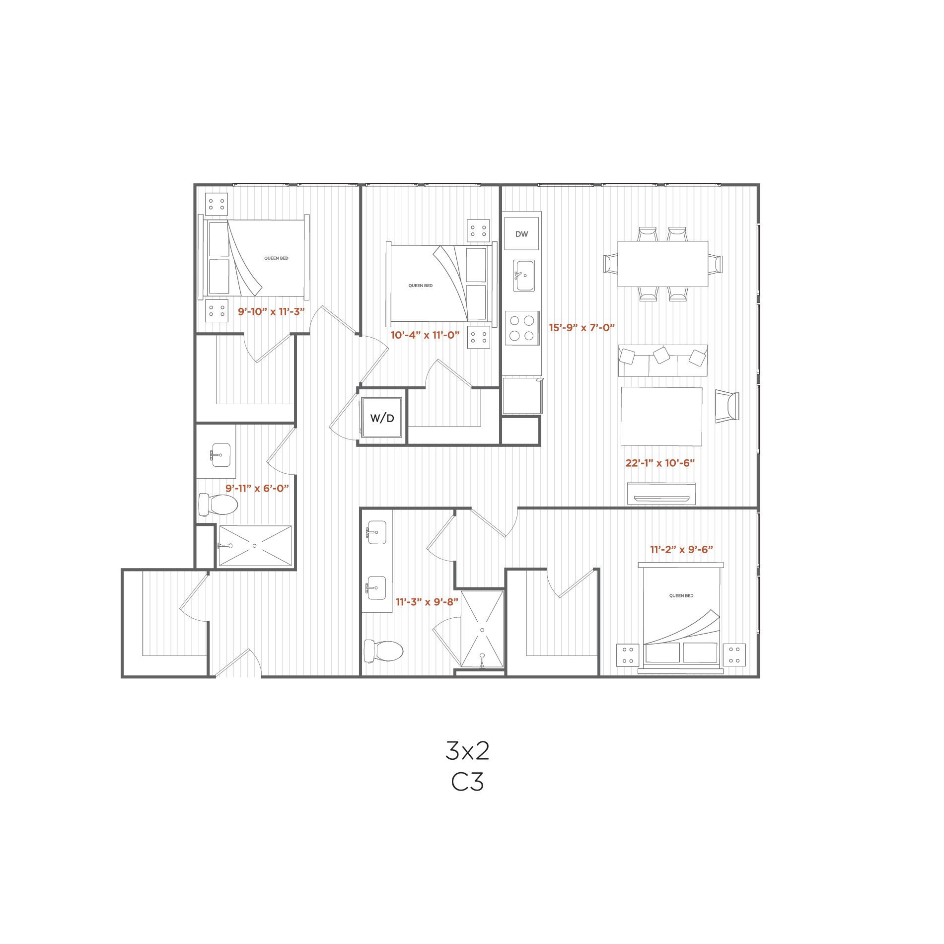 Floor plan of a two-bedroom, two-bath apartment layout with a living room, dining area, and kitchen.