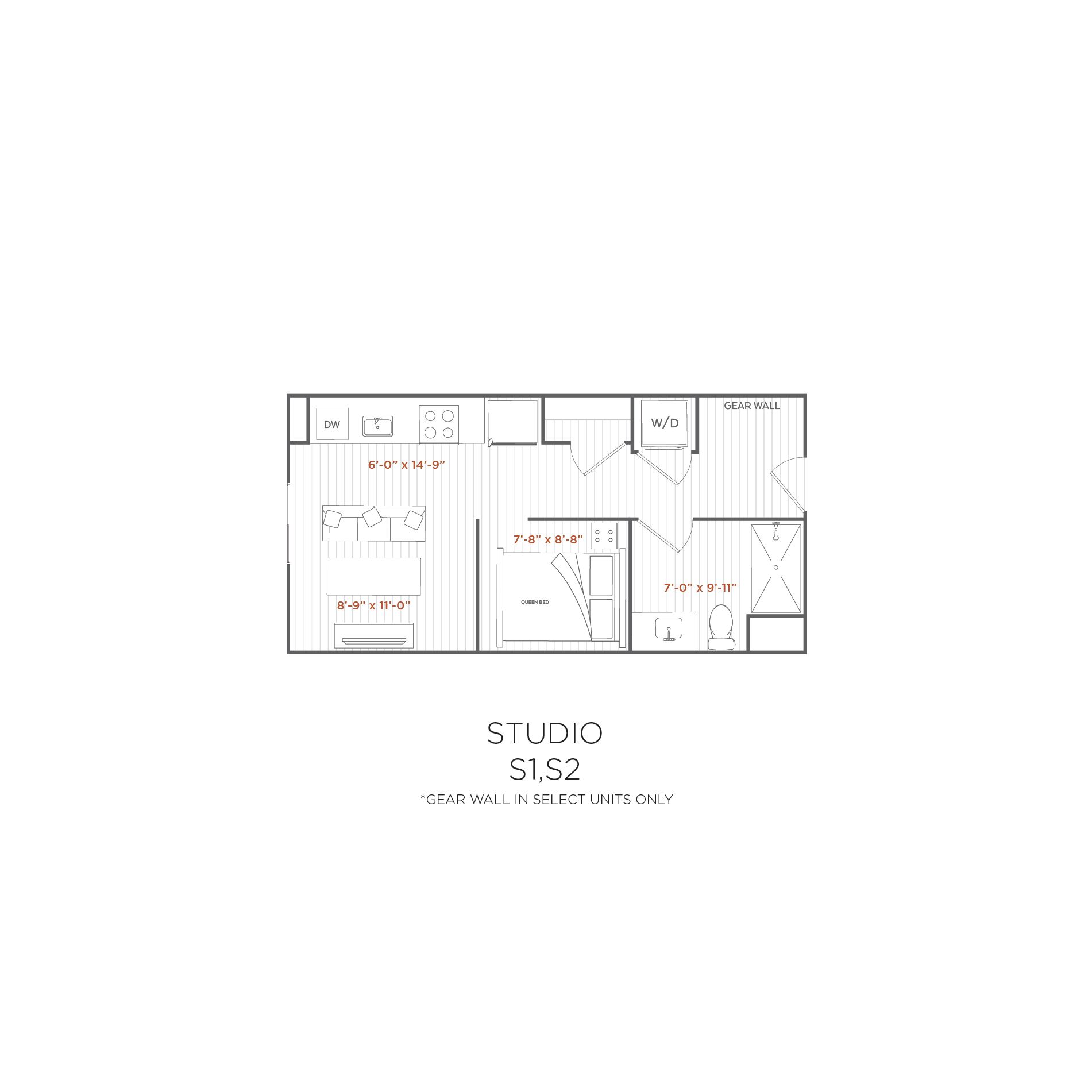 Floor plan of a studio apartment, labeled “Studio S1.52”. It includes a kitchen, living space, and bathroom.