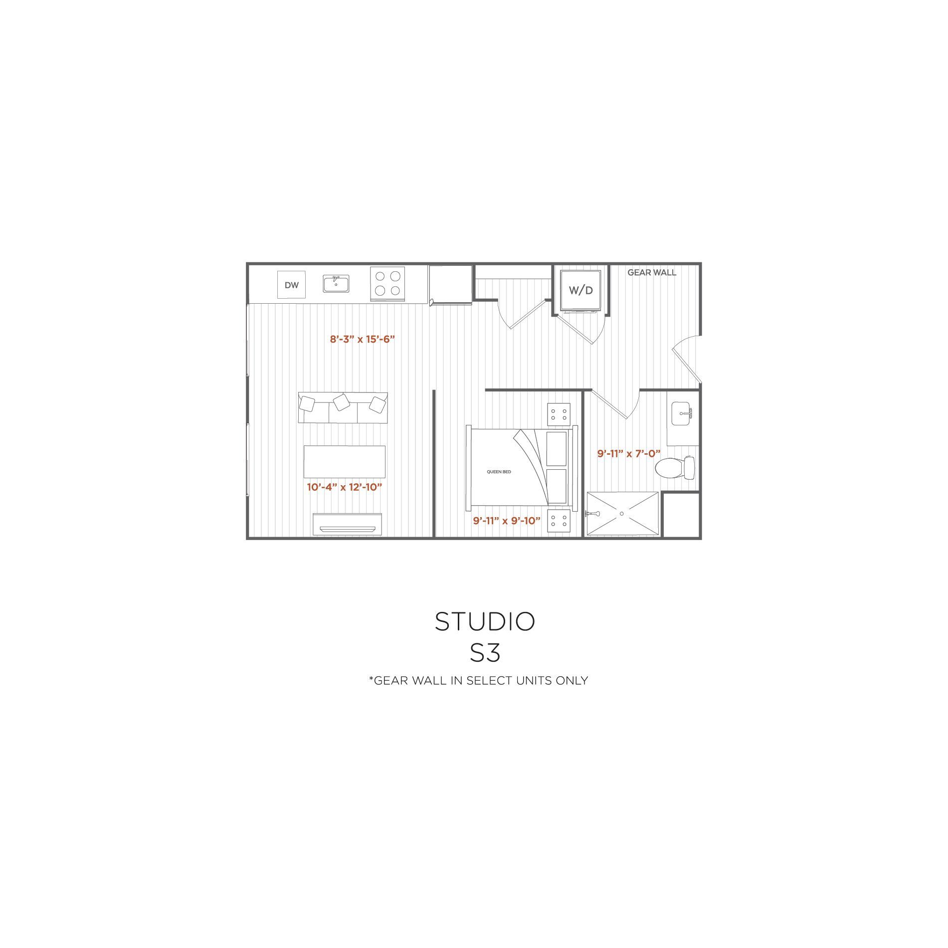 Floor plan of a studio apartment with kitchen, living area, bathroom, and closet.