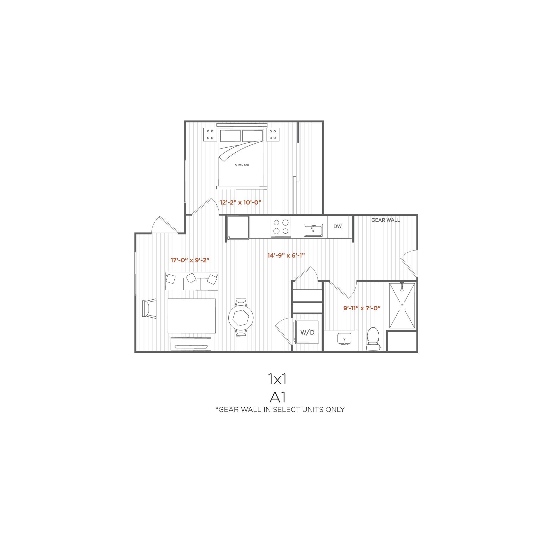 Floor plan of a studio apartment: living area, kitchenette, bedroom, bathroom, and closet.