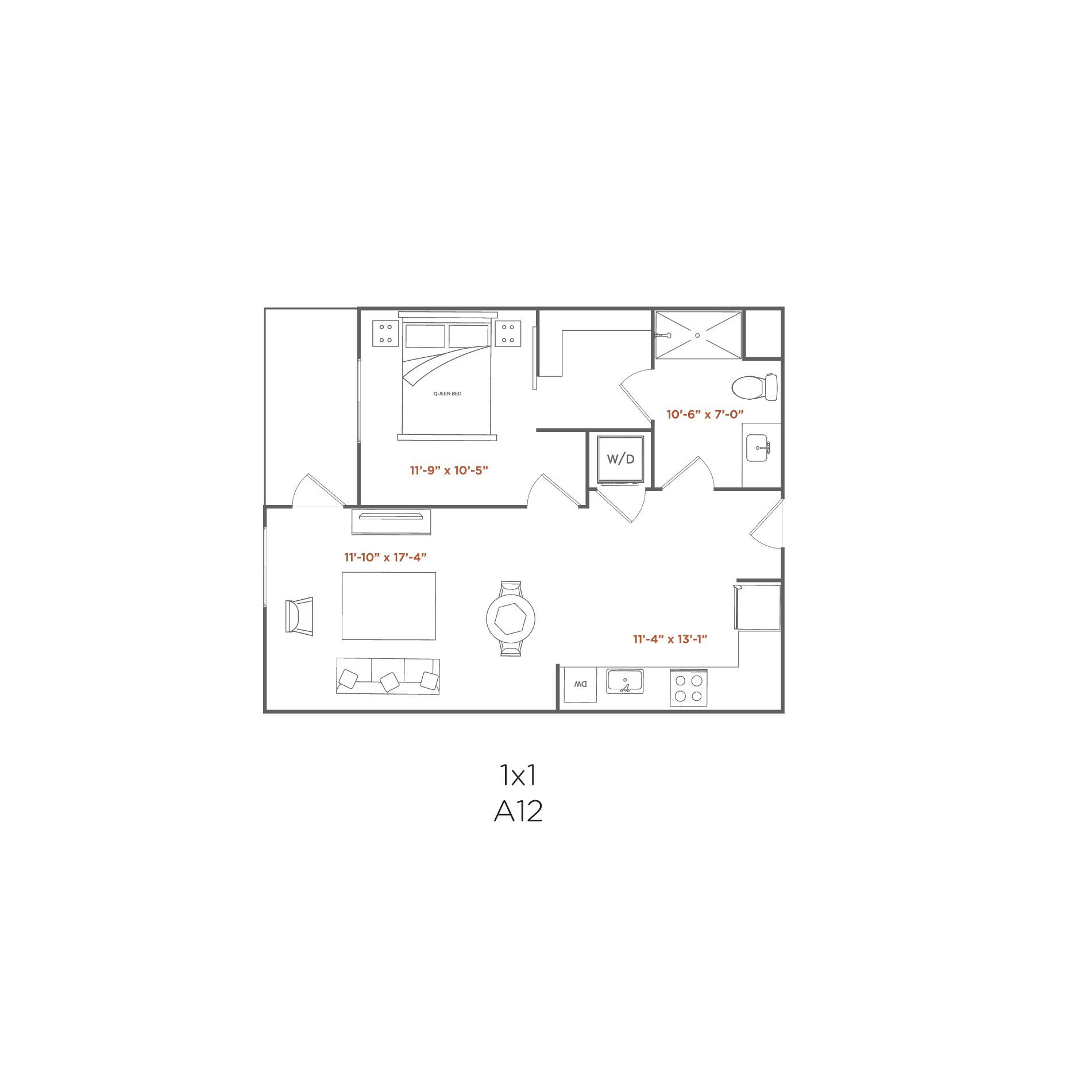 Floor plan of a 1-bedroom apartment with kitchen, bathroom, living area, and bedroom.