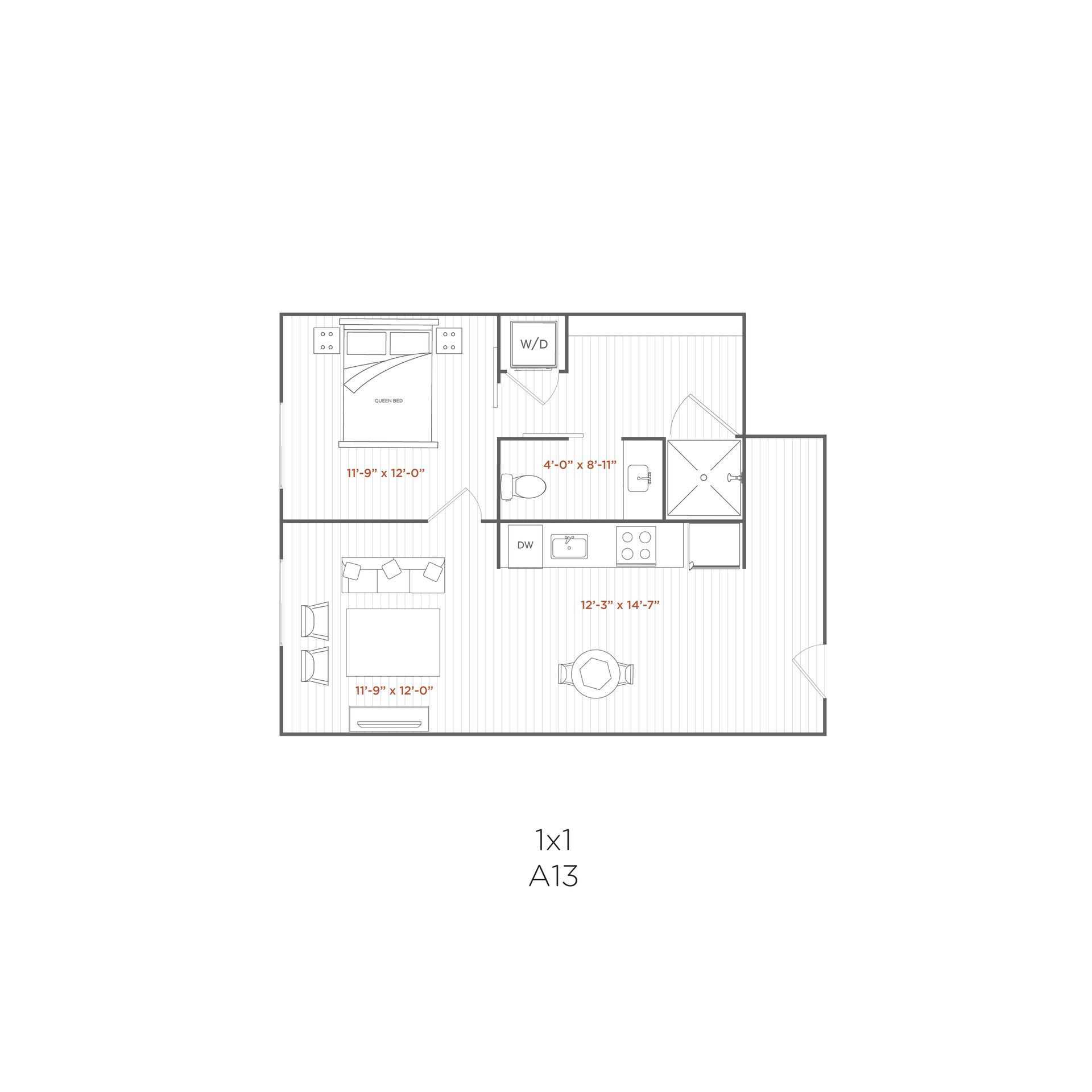 Floor plan of a 1-bedroom apartment with a kitchen, living room, and balcony.