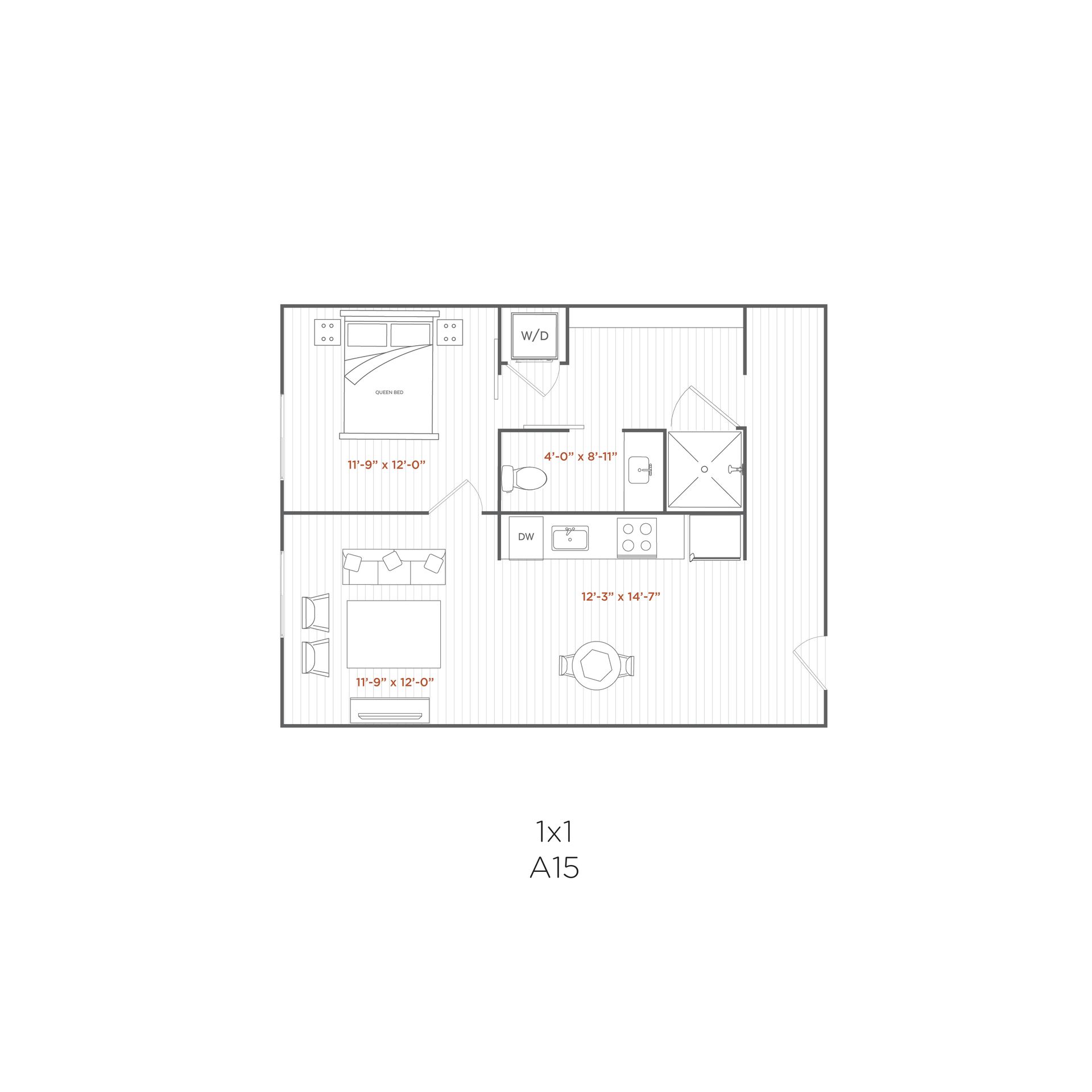 Floor plan of a 1-bedroom, 1-bath apartment with bedroom, living room, kitchen, and bathroom.
