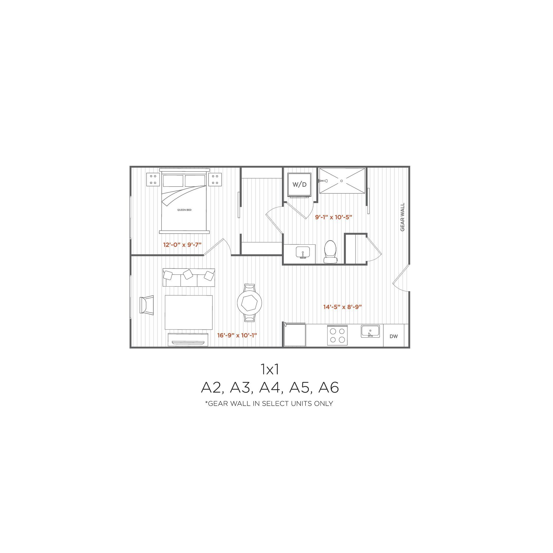 Floor plan of a one-bedroom apartment with kitchen, bathroom, living room, and bedroom.