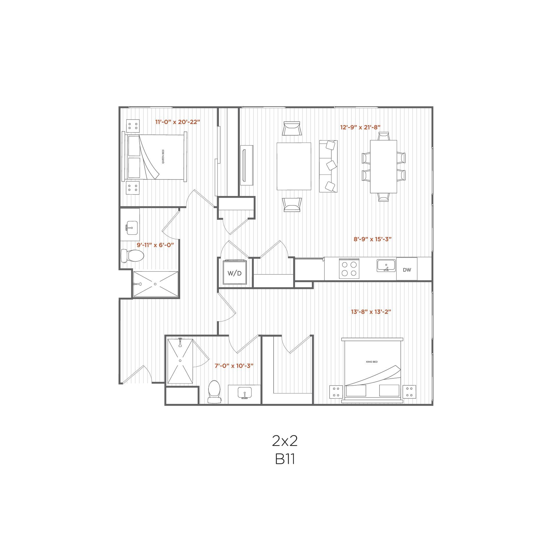 Floor plan of a 2-bedroom, 2-bathroom apartment labeled B1, showing room layout and dimensions.