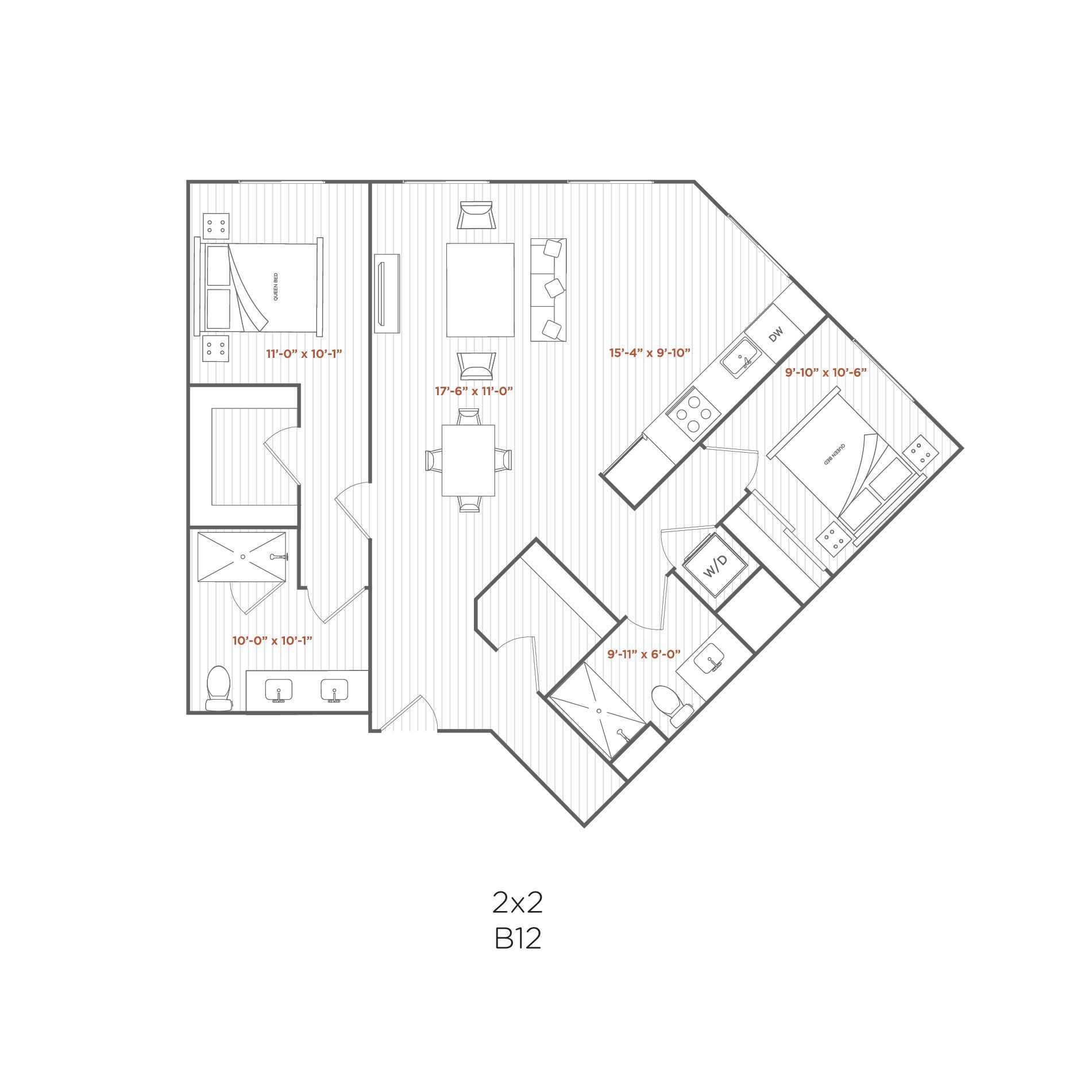 Floor plan of a 2x2 apartment with a kitchen, dining area, two bedrooms, and two bathrooms.