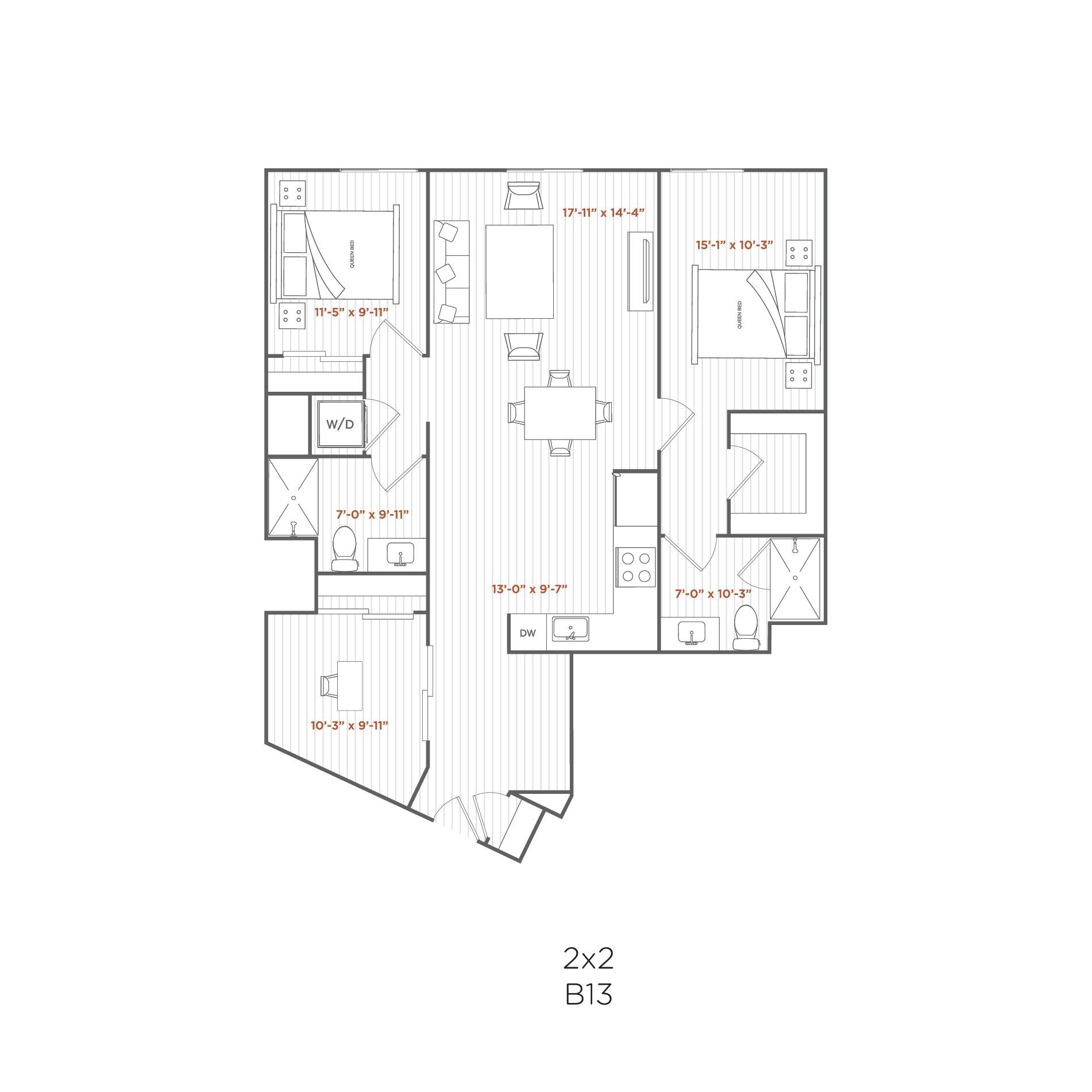 Floor plan: 2-bedroom, 2-bath apartment layout with kitchen, living room, and bedrooms.