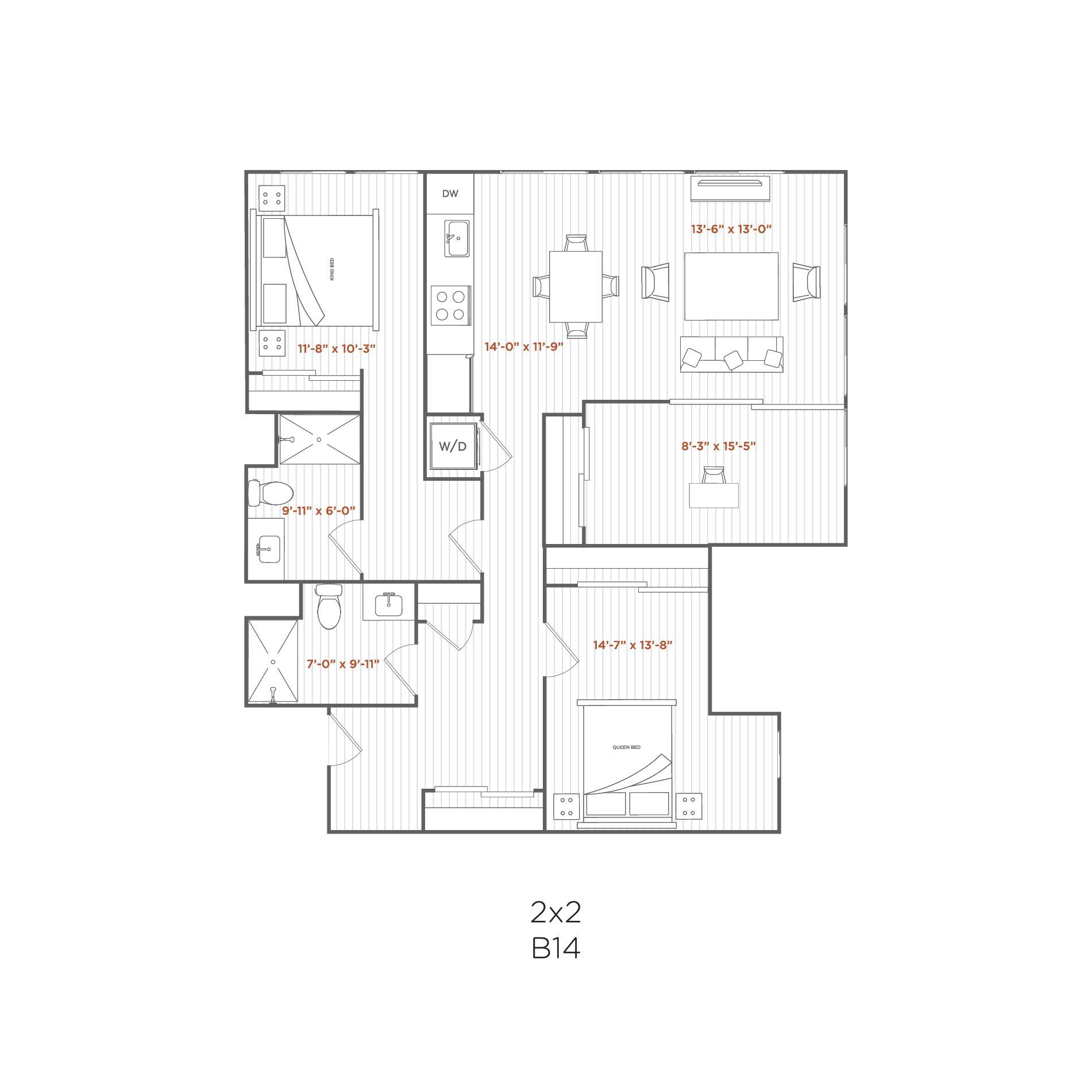 Floor plan of a 2x2 apartment with two bedrooms, a kitchen, and a dining/living area.