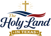 A logo with a golden cross above a blue and red wave, featuring the text "The Holy Land" and "IN TEXAS" on a gold banner.