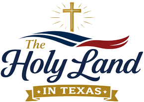 A logo with a golden cross above a blue and red wave, featuring the text "The Holy Land" and "IN TEXAS" on a gold banner.