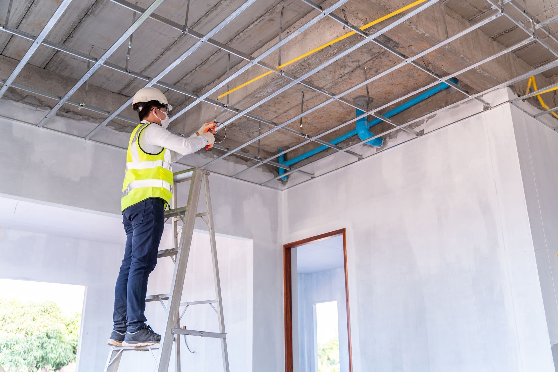 A person in a high-visibility vest and hard hat stands on a ladder, installing a metal ceiling frame in a room.