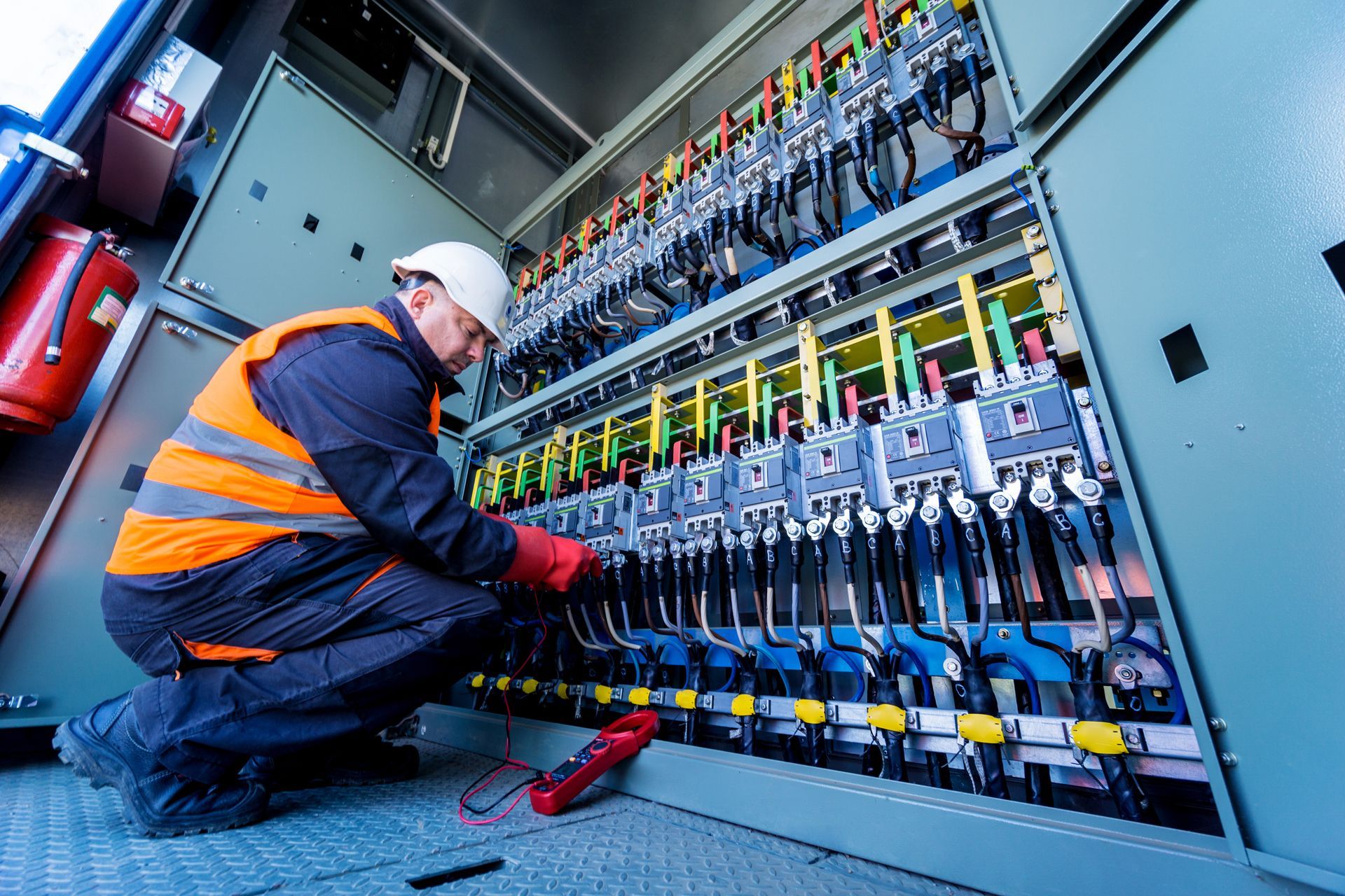A technician in a hard hat and high-visibility vest checks electrical wiring inside a large industrial cabinet.