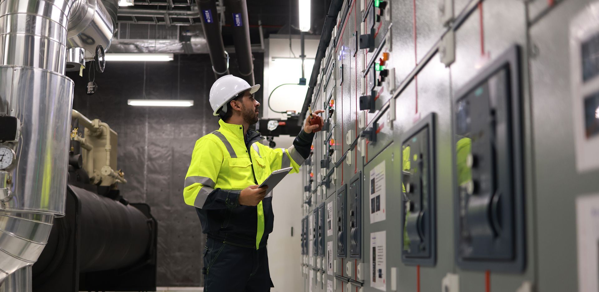 A worker in a high-visibility jacket and hard hat inspects an industrial electrical control panel with a tablet.