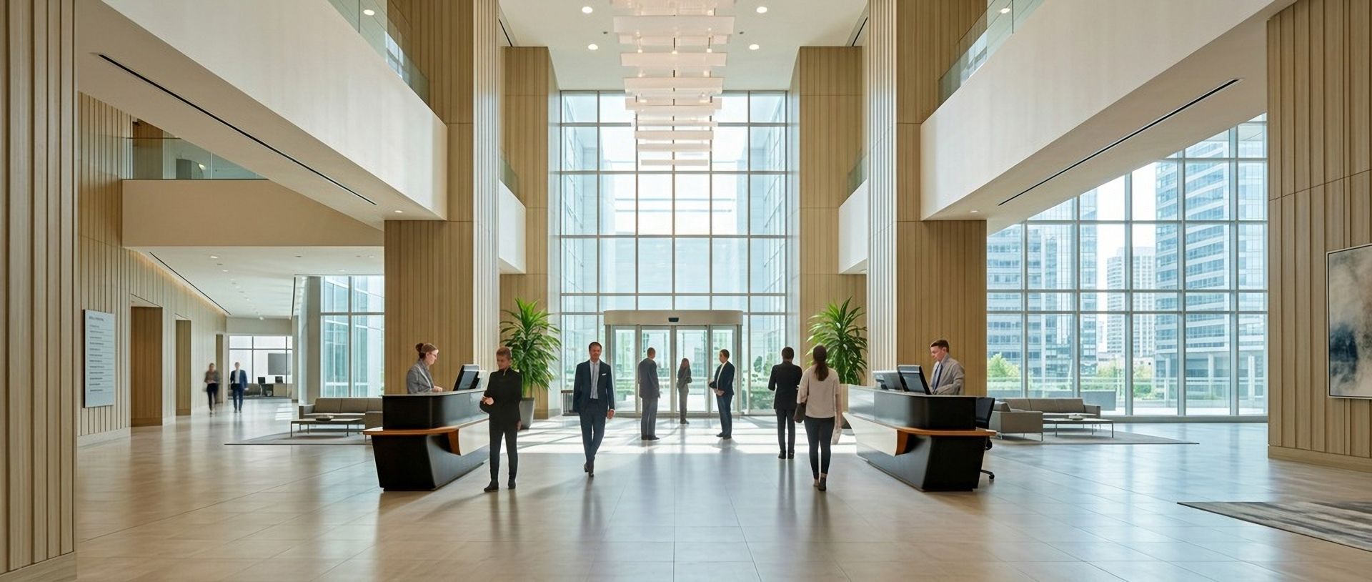 People walk through a bright, modern office lobby with tall windows, light wood accents, and reception desks.
