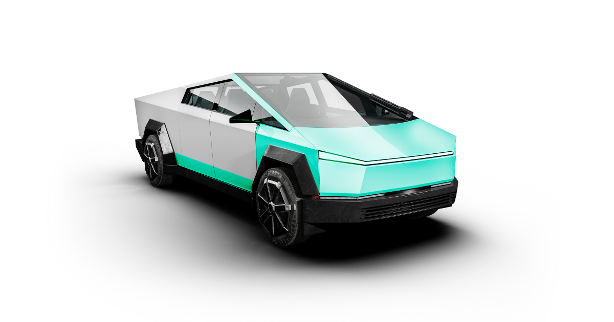 A 3d model of a tesla cybertruck on a white background.