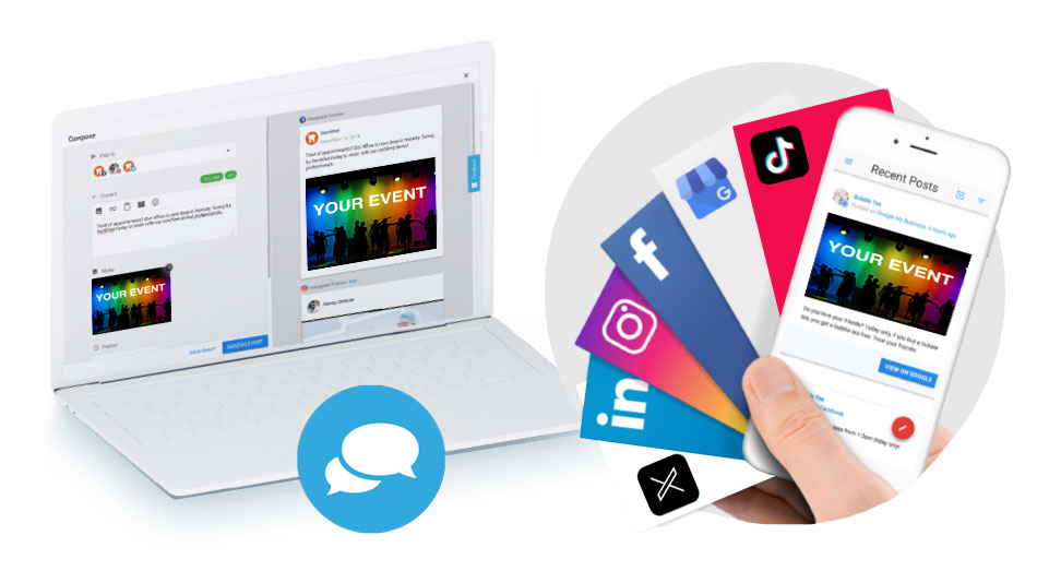 Laptop and phone showing social media dashboard with colorful analytics and app icons spread from the screen