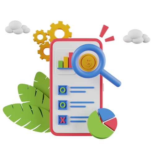 Clipboard with charts, magnifying glass, gears, and checkboxes, suggesting data analysis or auditing