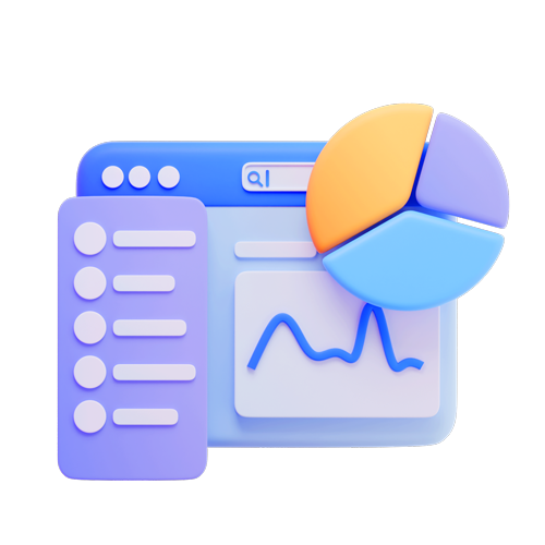 Analytics dashboard with blue line chart and colorful pie chart icon