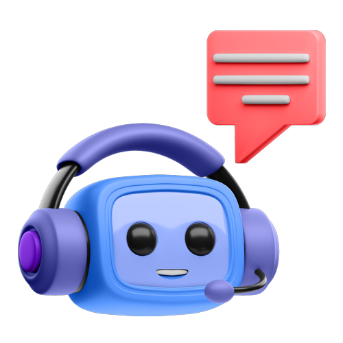 Cartoon blue chatbot with headset and red speech bubble icons
