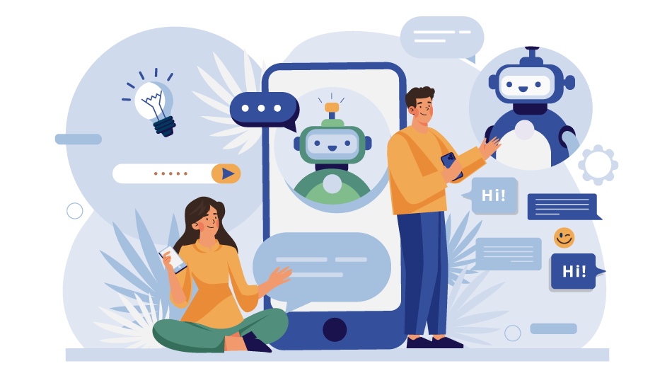 Illustration of people chatting with AI assistants on a smartphone, with chat bubbles and robot icons.