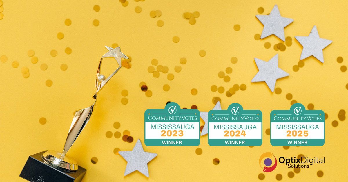 Gold award graphic with stars and a trophy, plus three teal badges on a yellow background.