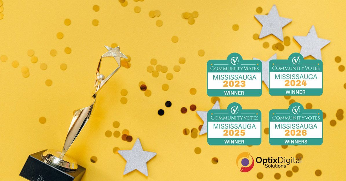 Gold trophy on yellow background with four teal award plaques and star confetti