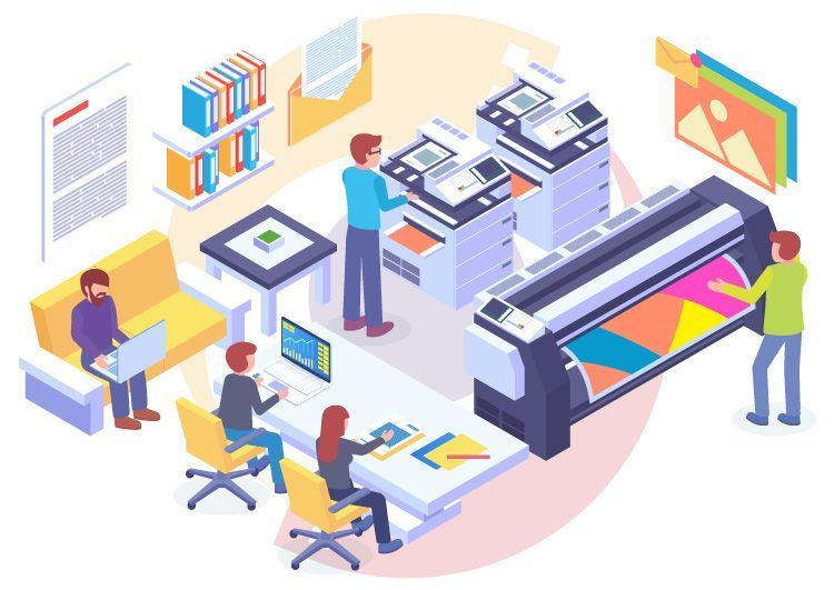 Printing shop team operating large-format printers and computers in a bright workspace