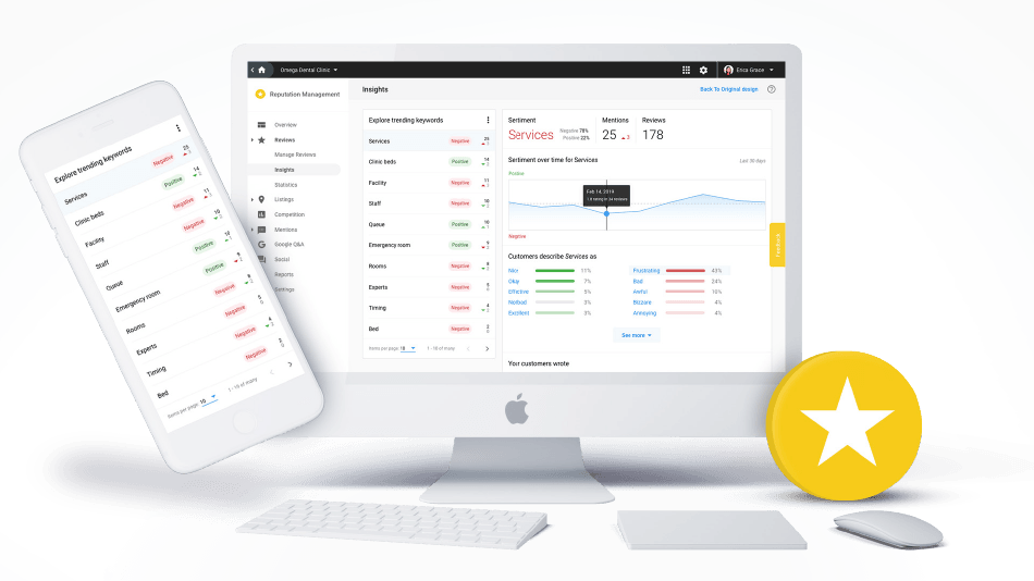 Desktop and mobile analytics dashboard with charts and a yellow star badge