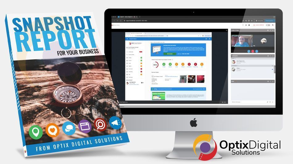 Snapshot Report marketing graphic showing an iMac mockup and app icons with OptixDigital branding
