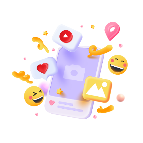 Pastel social media icons floating around a purple smartphone with hearts, photos, likes, and smiley emojis