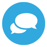 A blue circle with two white speech bubbles inside of it.