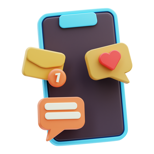 Smartphone with colorful chat and heart notification bubbles on a dark screen