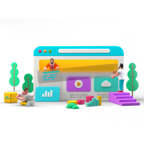 Colorful 3D dashboard illustration with charts, video, cloud, and figures on a teal web page interface