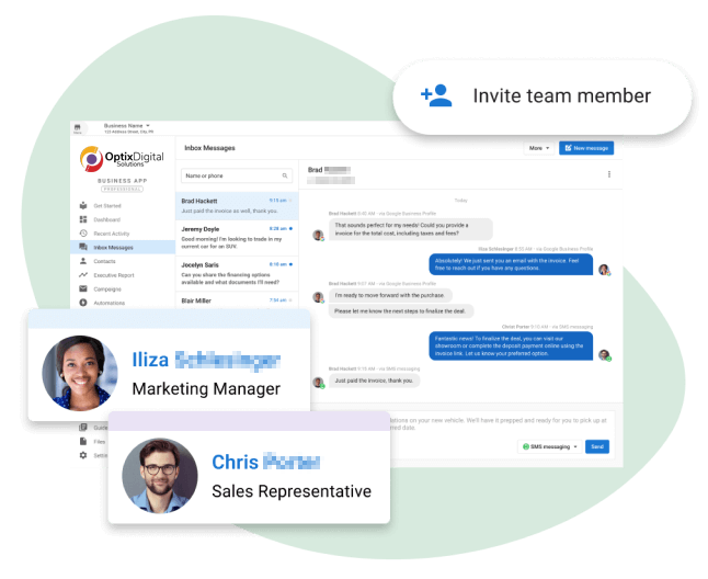 Team collaboration dashboard with message threads and invite team member button on a white and green background