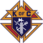 Knights of Columbus emblem: gold and blue shield with crossed sword, anchor, and axe symbols