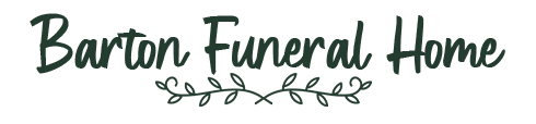 Barton Funeral Home logo in dark green script, with a decorative floral element beneath the words.