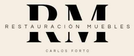 Logo de Restauración Muebles, con las letras RM en negro y fondo beige claro.