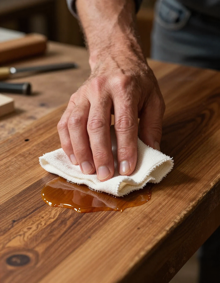Artesano aplicando barniz sobre madera
